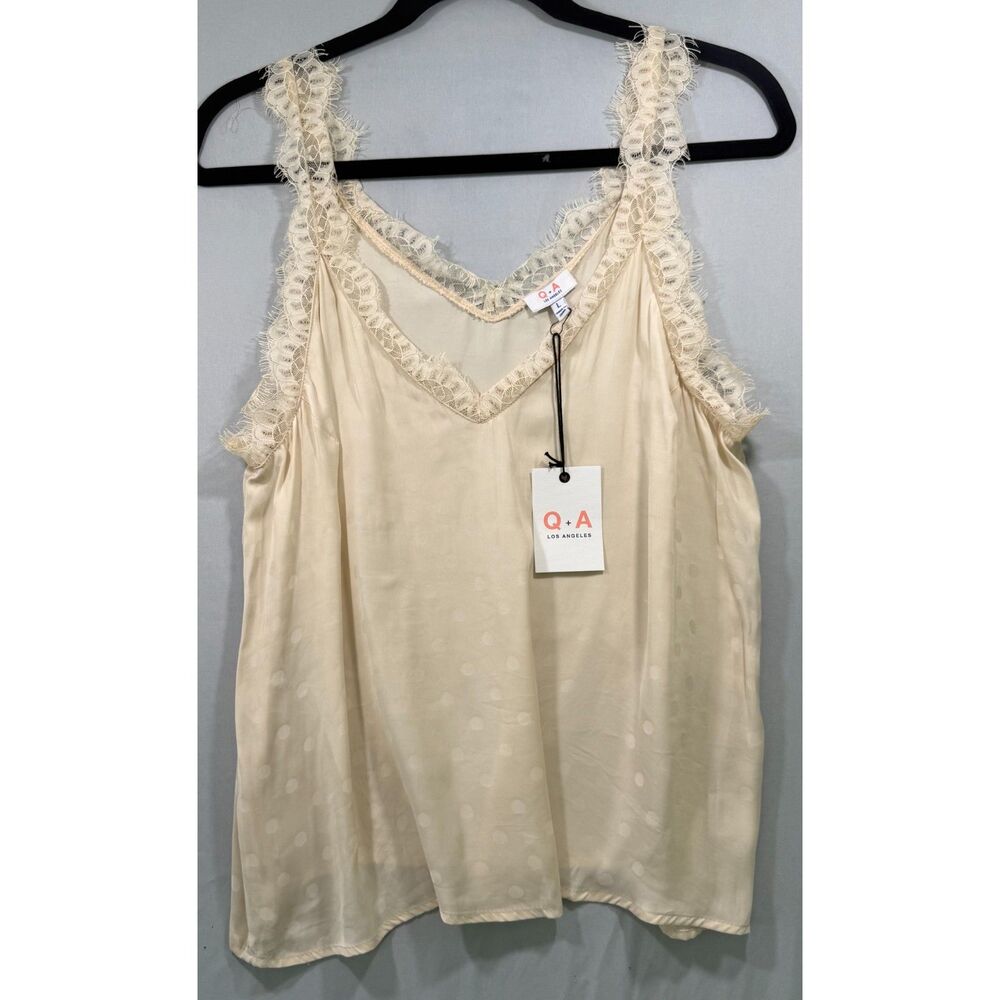 NWT Q+A Los Angeles Cream Satin Polka Dot Lace Cami Top Size Large